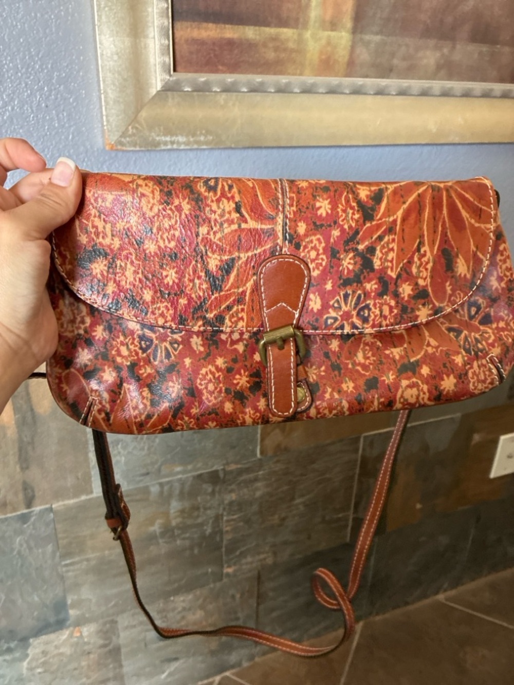 Patricia Nash Floral-Print Leather Crossbody in Rust and Brown